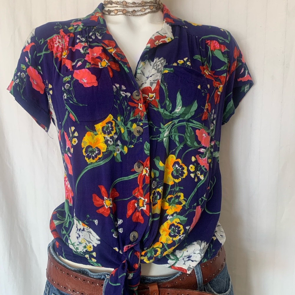 Maeve Floral Button Down Shirt - Blue and Multicolor